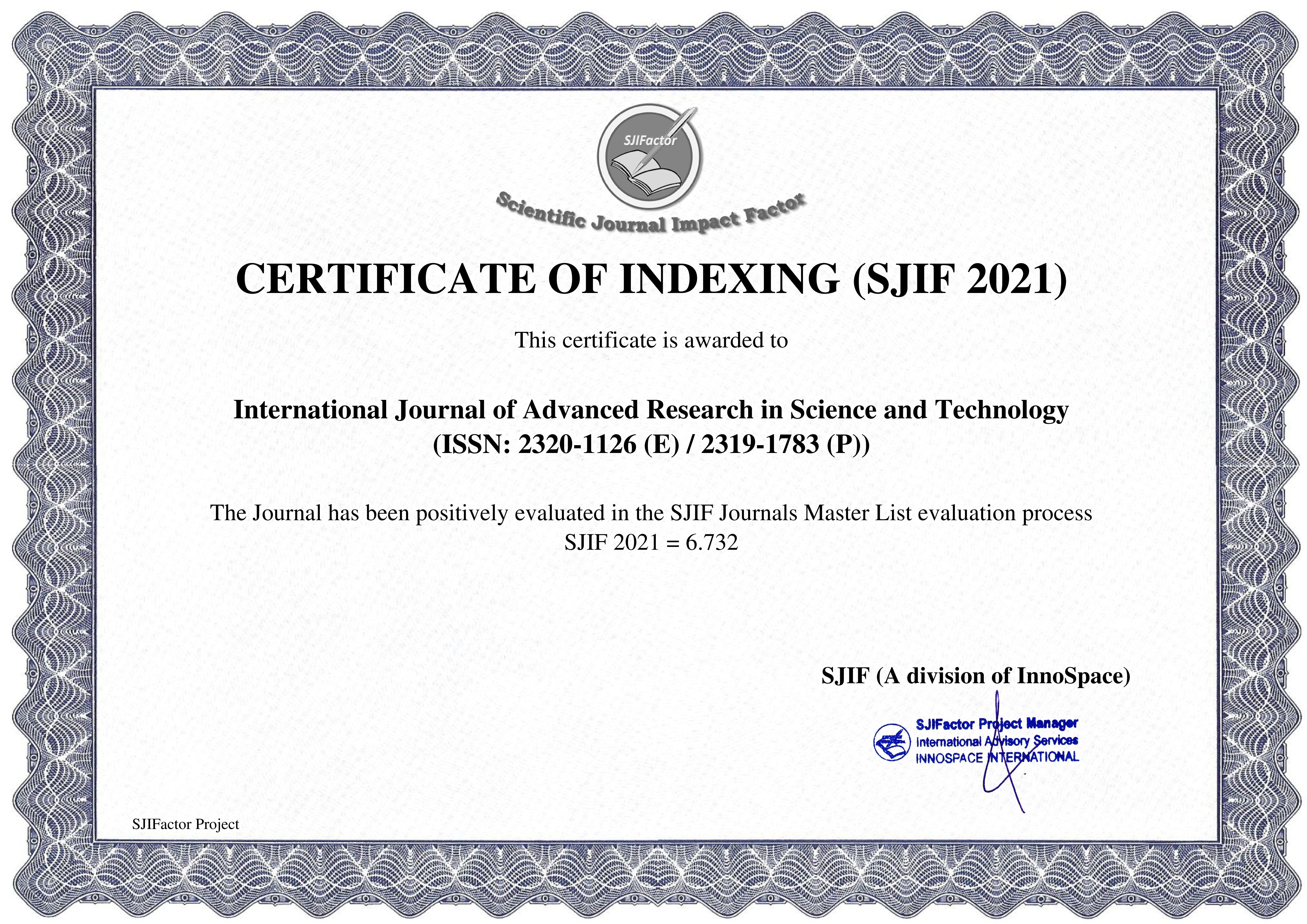 SJIF Certificate Logo — IJARST indexing certificate